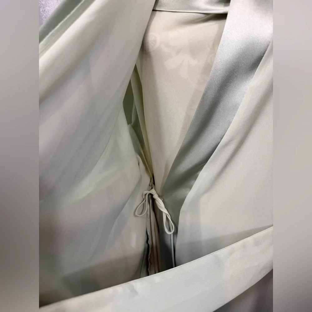 Halston 2X Sage Green Sheer Robe & Slip Dress Set Satin Trim Elegant Lounge - Picture 5 of 16
